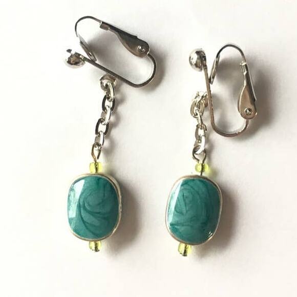 Teal swirled enamel dangle clip on earrings - Picture 1 of 5